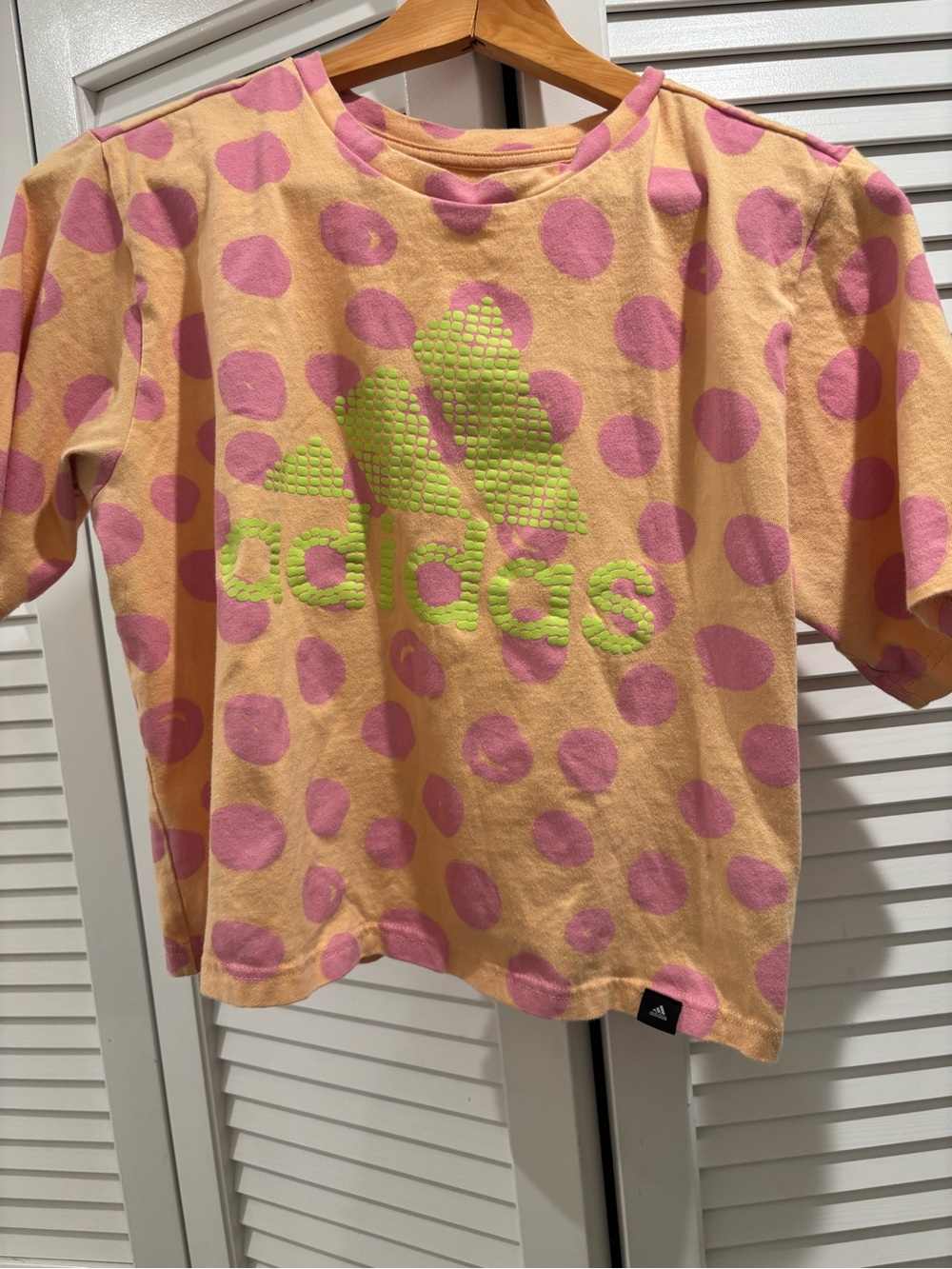 adidas Peach Tee with Pink Polka Dots and Neon Green Logo
